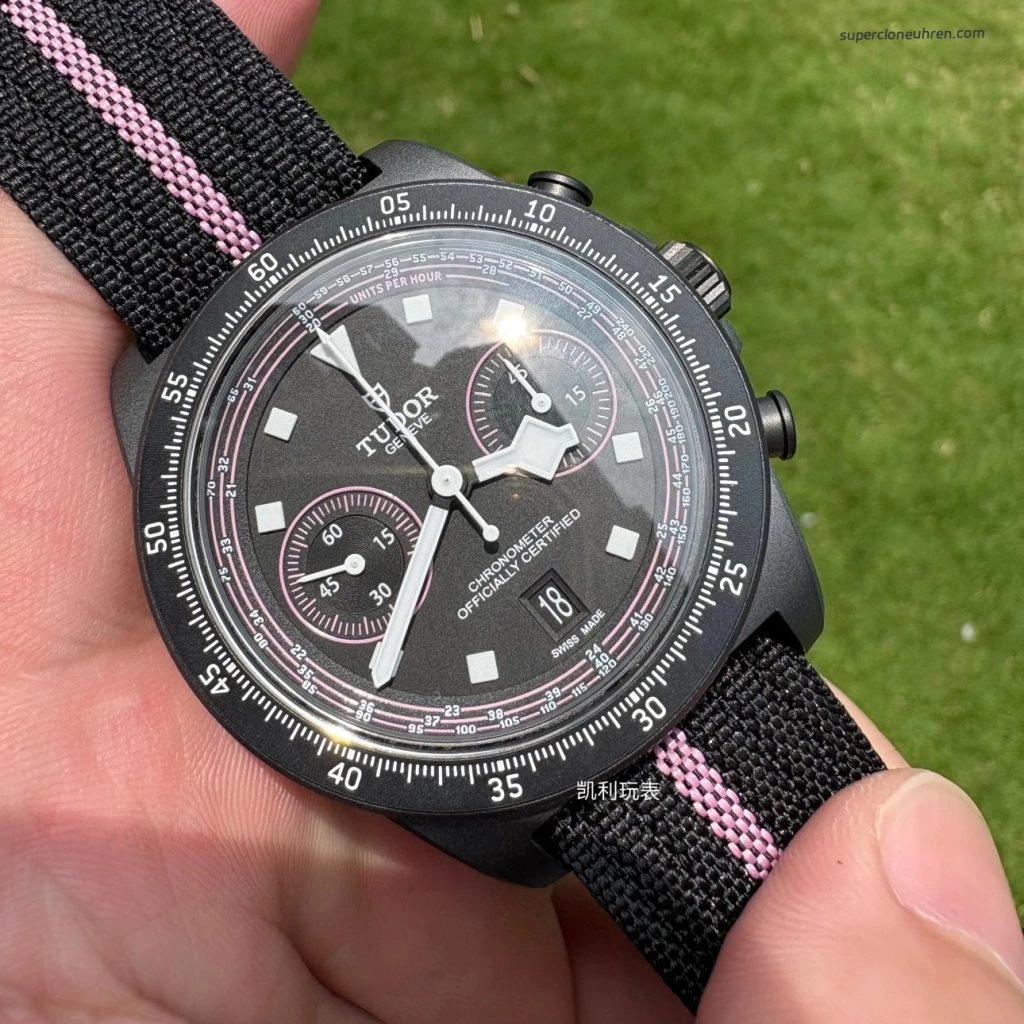 1:1 Super Clone Uhr Tudor Fastrider Black Shield Chronograph 25827KNRS Schwarz-Rosa Karbon 43mm
