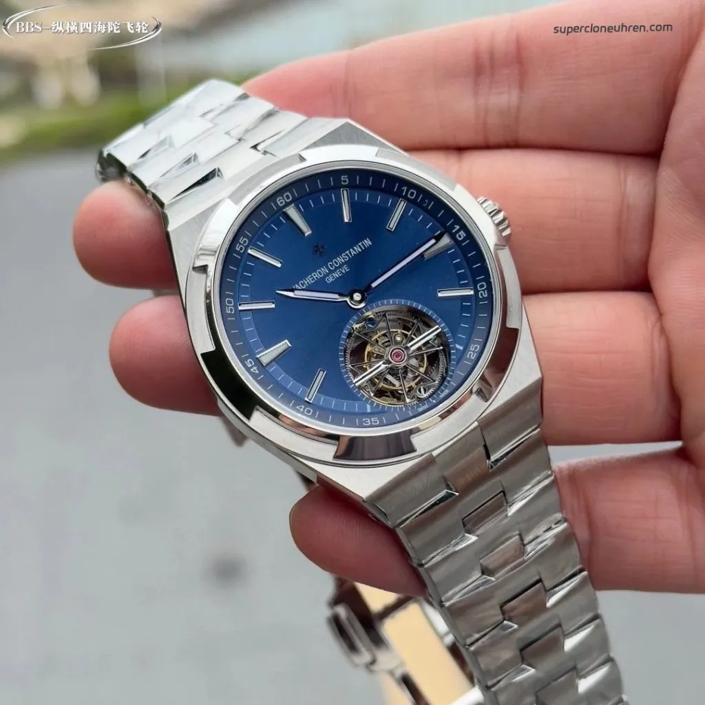 1:1 Super Clone Uhr Vacheron Constantin Overseas Tourbillon 6000V Blaues Zifferblatt Edelstahl 42,5 mm