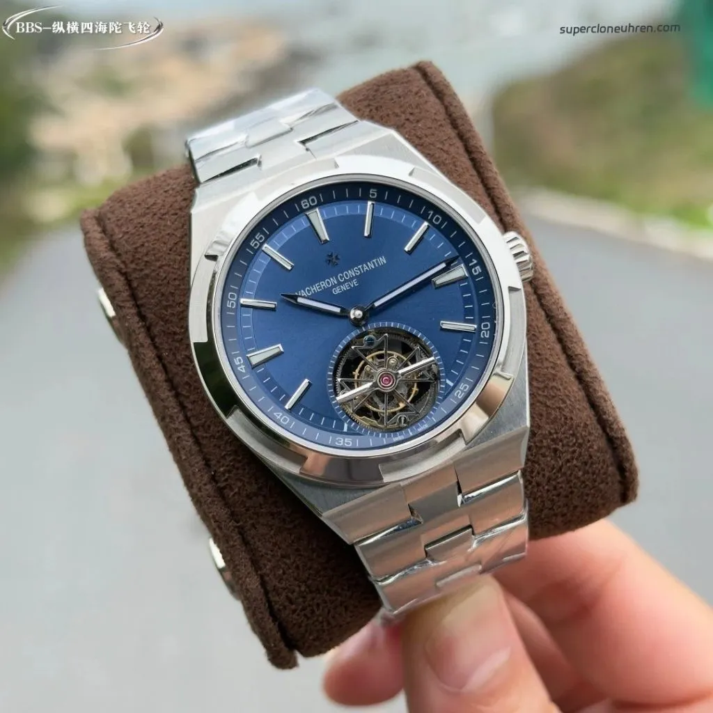 1:1 Super Clone Uhr Vacheron Constantin Overseas Tourbillon 6000V Blaues Zifferblatt Edelstahl 42,5 mm