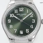 1:1 Super Clone Uhr Patek Philippe Twenty~4 7300/1200A-011 Grünes Zifferblatt mit Diamantlünette 36mm