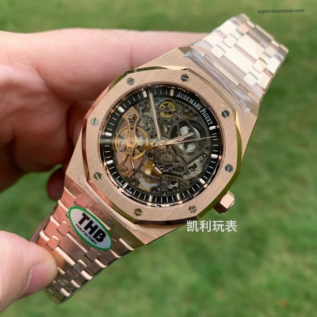 1:1 Super Clone Uhr Audemars Piguet Royal Oak 15407OR Rotgold Skelett-Zifferblatt 41mm