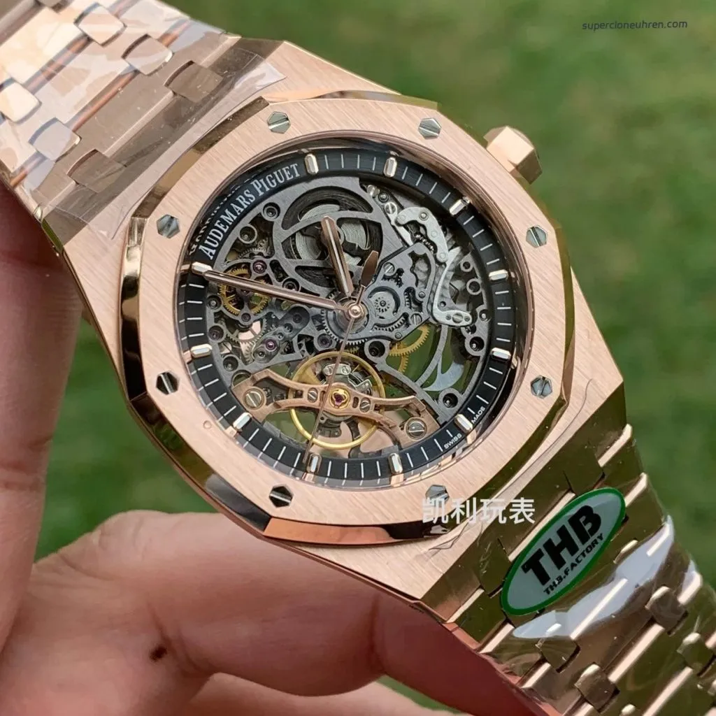 1:1 Super Clone Uhr Audemars Piguet Royal Oak 15407OR Rotgold Skelett-Zifferblatt 41mm