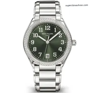 1:1 Super Clone Uhr Patek Philippe Twenty~4 7300/1200A-011 Grünes Zifferblatt mit Diamantlünette 36mm