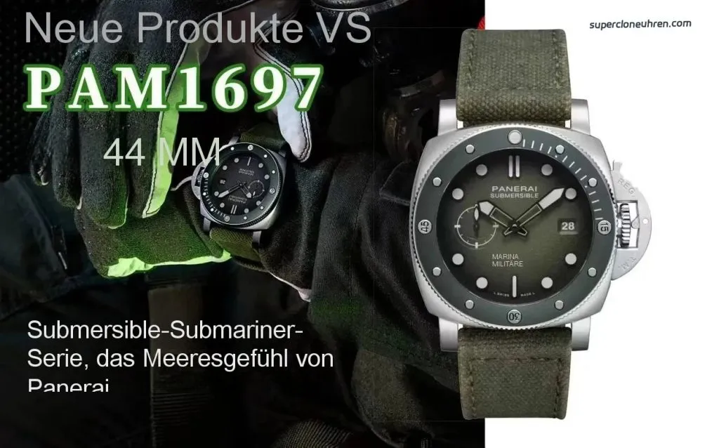 1:1 Super Clone Uhr Panerai Submersible Marina Militare PAM01697 Militärgrünes Canvas-Armband 44mm