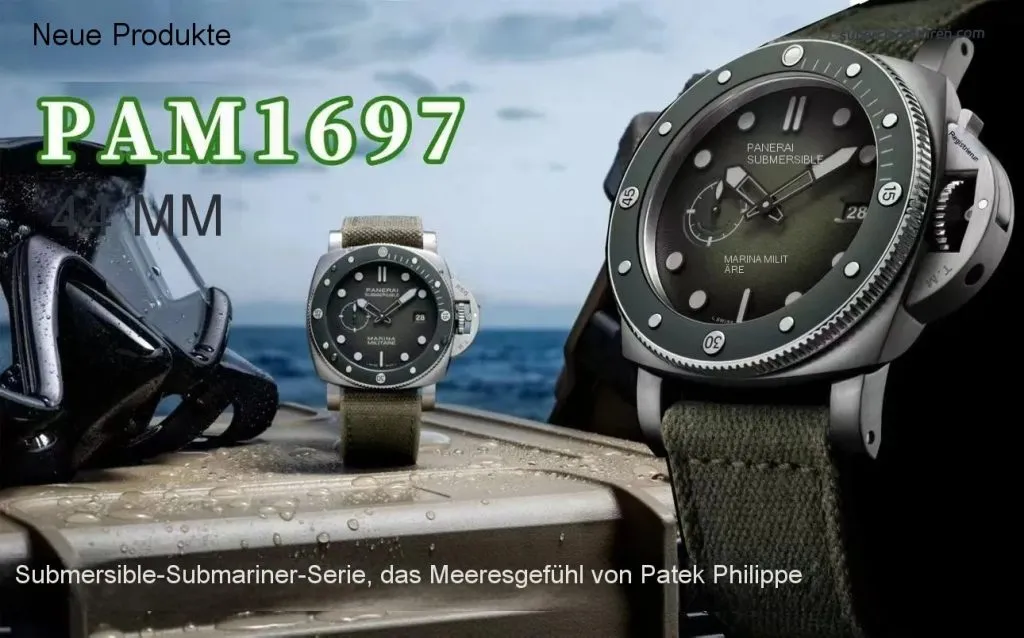 1:1 Super Clone Uhr Panerai Submersible Marina Militare PAM01697 Militärgrünes Canvas-Armband 44mm
