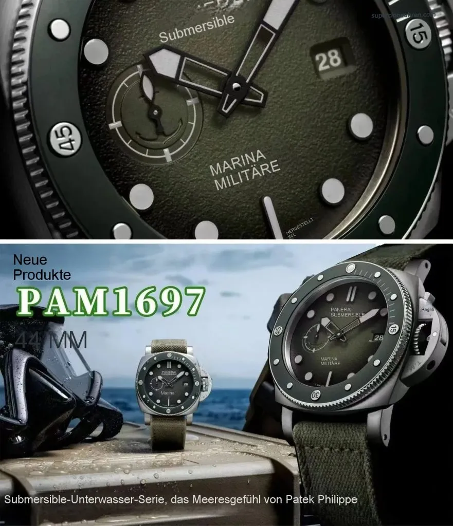 1:1 Super Clone Uhr Panerai Submersible Marina Militare PAM01697 Militärgrünes Canvas-Armband 44mm