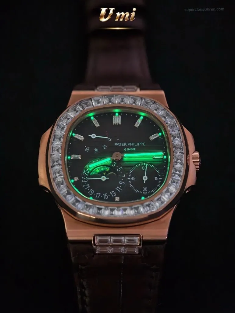 1:1 Super Clone Uhr Patek Philippe Nautilus 5724R-001 Roségold Moissanit 40mm