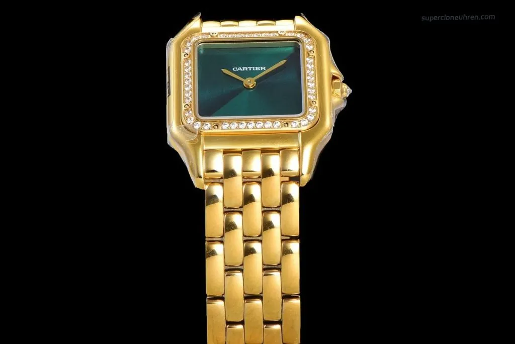 1:1 Super Clone Uhr Cartier Panthère WJPN0037 Gold mit Diamantlünette und grünem Zifferblatt 27x37mm