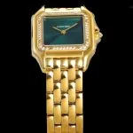1:1 Super Clone Uhr Cartier Panthère WJPN0037 Gold mit Diamantlünette und grünem Zifferblatt 27x37mm
