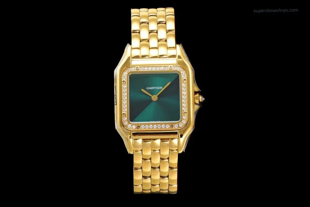1:1 Super Clone Uhr Cartier Panthère WJPN0037 Gold mit Diamantlünette und grünem Zifferblatt 27x37mm