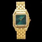 1:1 Super Clone Uhr Cartier Panthère WJPN0037 Gold mit Diamantlünette und grünem Zifferblatt 27x37mm