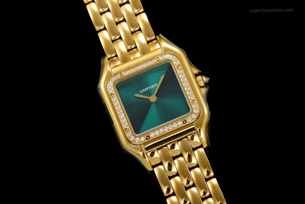 1:1 Super Clone Uhr Cartier Panthère WJPN0037 Gold mit Diamantlünette und grünem Zifferblatt 27x37mm