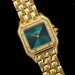 1:1 Super Clone Uhr Cartier Panthère WJPN0037 Gold mit Diamantlünette und grünem Zifferblatt 27x37mm