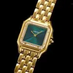 1:1 Super Clone Uhr Cartier Panthère WJPN0037 Gold mit Diamantlünette und grünem Zifferblatt 27x37mm