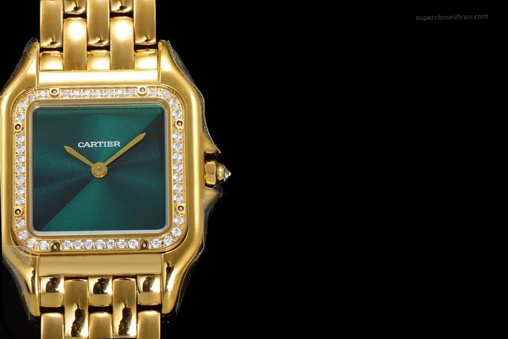 1:1 Super Clone Uhr Cartier Panthère WJPN0037 Gold mit Diamantlünette und grünem Zifferblatt 27x37mm