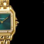 1:1 Super Clone Uhr Cartier Panthère WJPN0037 Gold mit Diamantlünette und grünem Zifferblatt 27x37mm