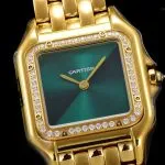 1:1 Super Clone Uhr Cartier Panthère WJPN0037 Gold mit Diamantlünette und grünem Zifferblatt 27x37mm