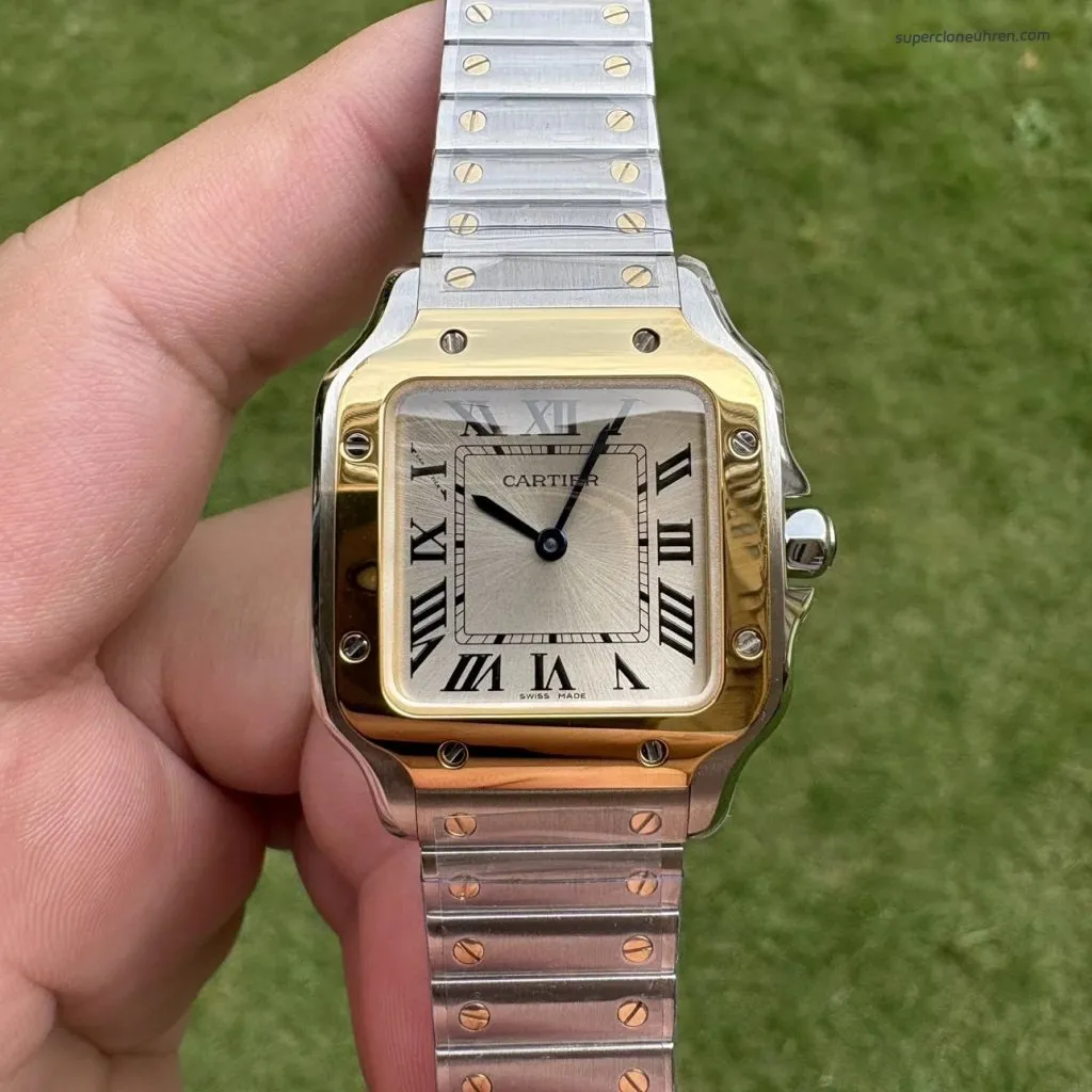 1:1 Super Clone Uhr Cartier Santos W2SA0033 Bicolor Gold mit blauen Zeigern 27×34,5mm