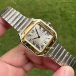 1:1 Super Clone Uhr Cartier Santos W2SA0033 Bicolor Gold mit blauen Zeigern 27×34,5mm