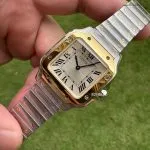 1:1 Super Clone Uhr Cartier Santos W2SA0033 Bicolor Gold mit blauen Zeigern 27×34,5mm