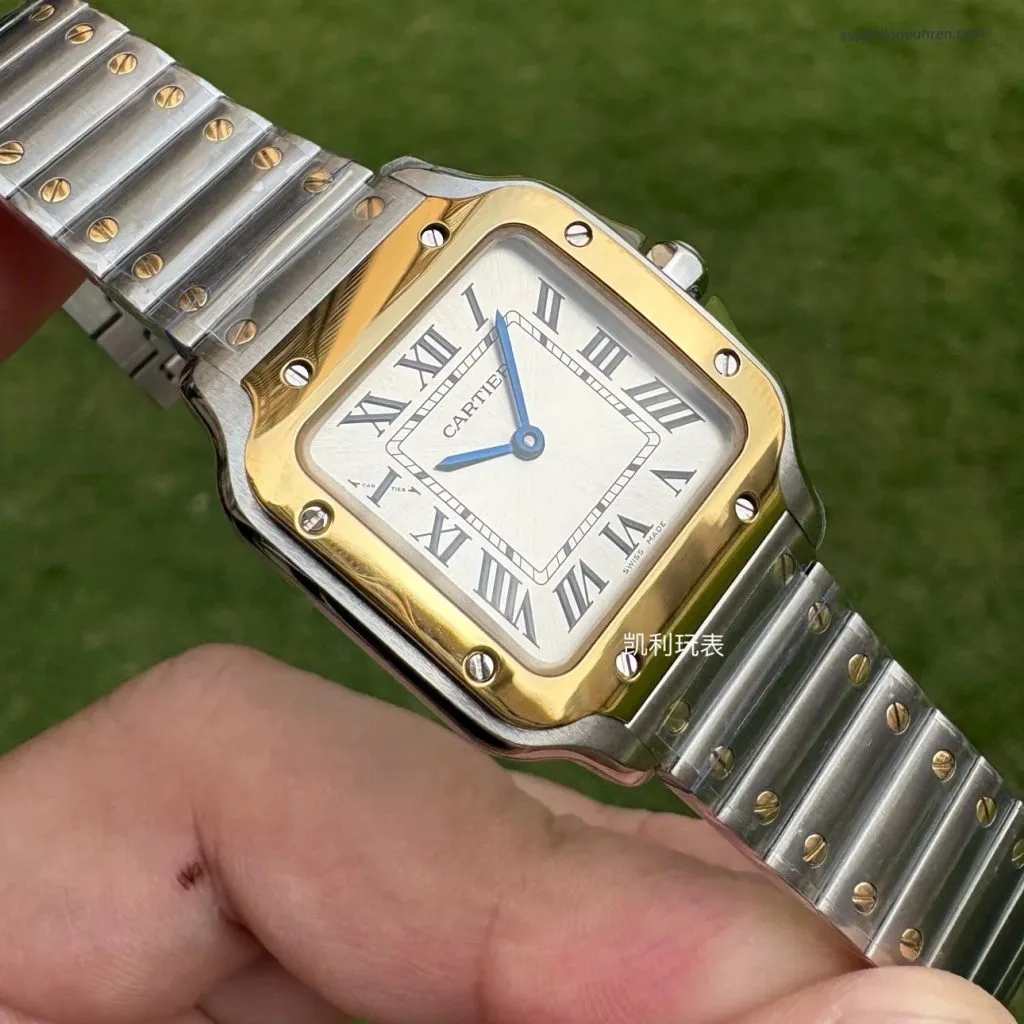 1:1 Super Clone Uhr Cartier Santos W2SA0033 Bicolor Gold mit blauen Zeigern 27×34,5mm