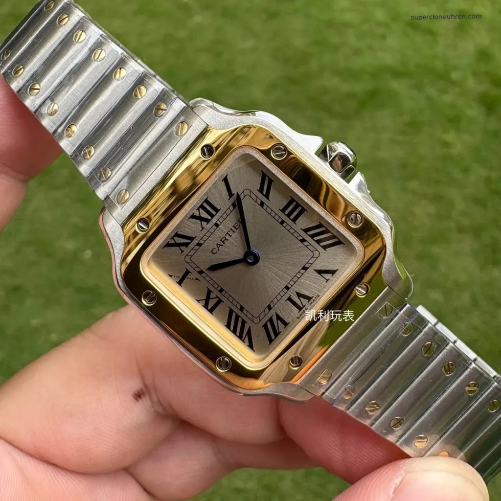 1:1 Super Clone Uhr Cartier Santos W2SA0033 Bicolor Gold mit blauen Zeigern 27×34,5mm