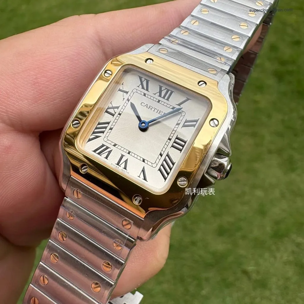 1:1 Super Clone Uhr Cartier Santos W2SA0033 Bicolor Gold mit blauen Zeigern 27×34,5mm
