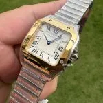 1:1 Super Clone Uhr Cartier Santos W2SA0033 Bicolor Gold mit blauen Zeigern 27×34,5mm