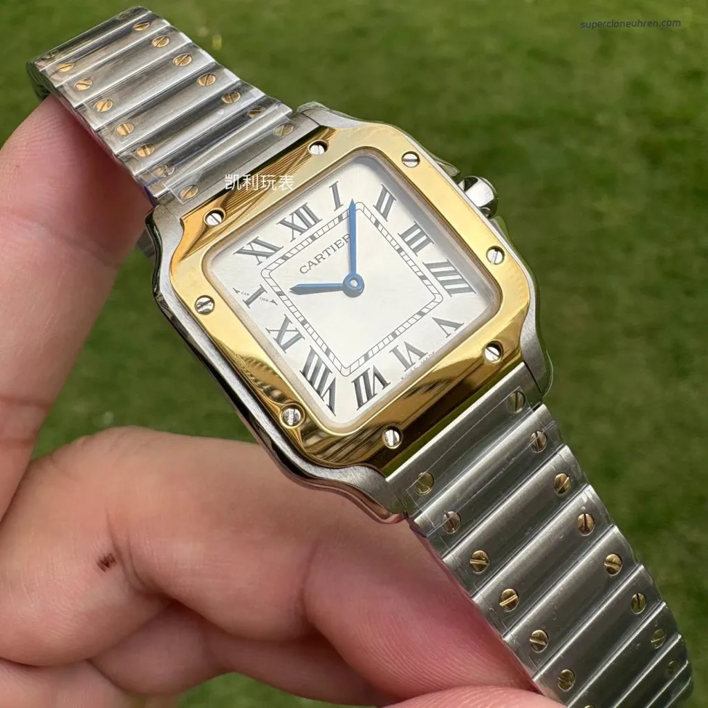 1:1 Super Clone Uhr Cartier Santos W2SA0033 Bicolor Gold mit blauen Zeigern 27×34,5mm
