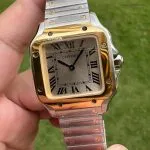 1:1 Super Clone Uhr Cartier Santos W2SA0033 Bicolor Gold mit blauen Zeigern 27×34,5mm