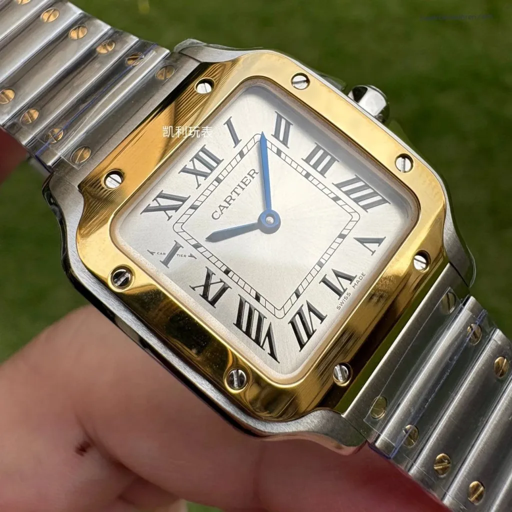 1:1 Super Clone Uhr Cartier Santos W2SA0033 Bicolor Gold mit blauen Zeigern 27×34,5mm