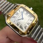 1:1 Super Clone Uhr Cartier Santos W2SA0033 Bicolor Gold mit blauen Zeigern 27×34,5mm