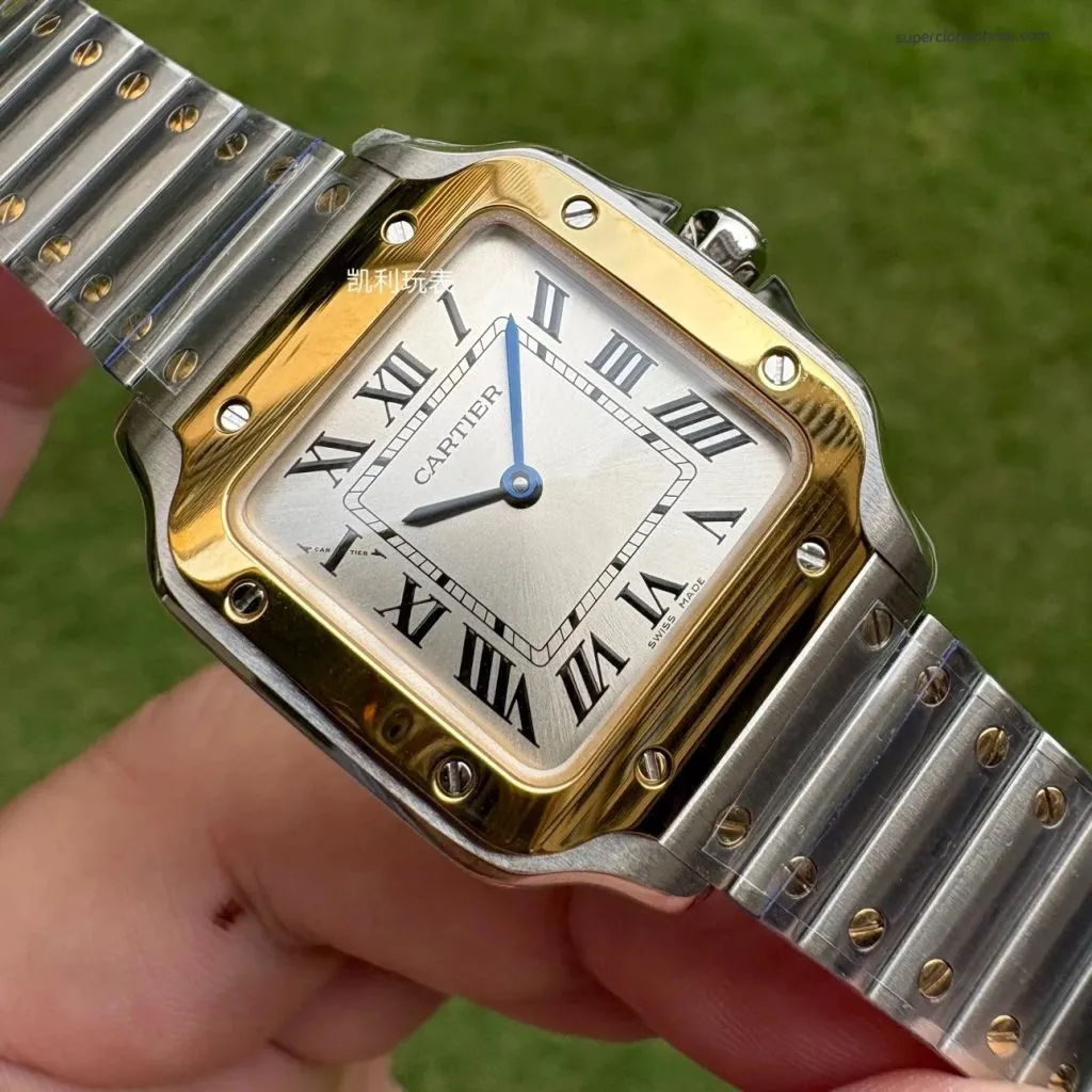 1:1 Super Clone Uhr Cartier Santos W2SA0033 Bicolor Gold mit blauen Zeigern 27×34,5mm