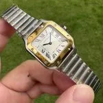 1:1 Super Clone Uhr Cartier Santos W2SA0033 Bicolor Gold mit blauen Zeigern 27×34,5mm