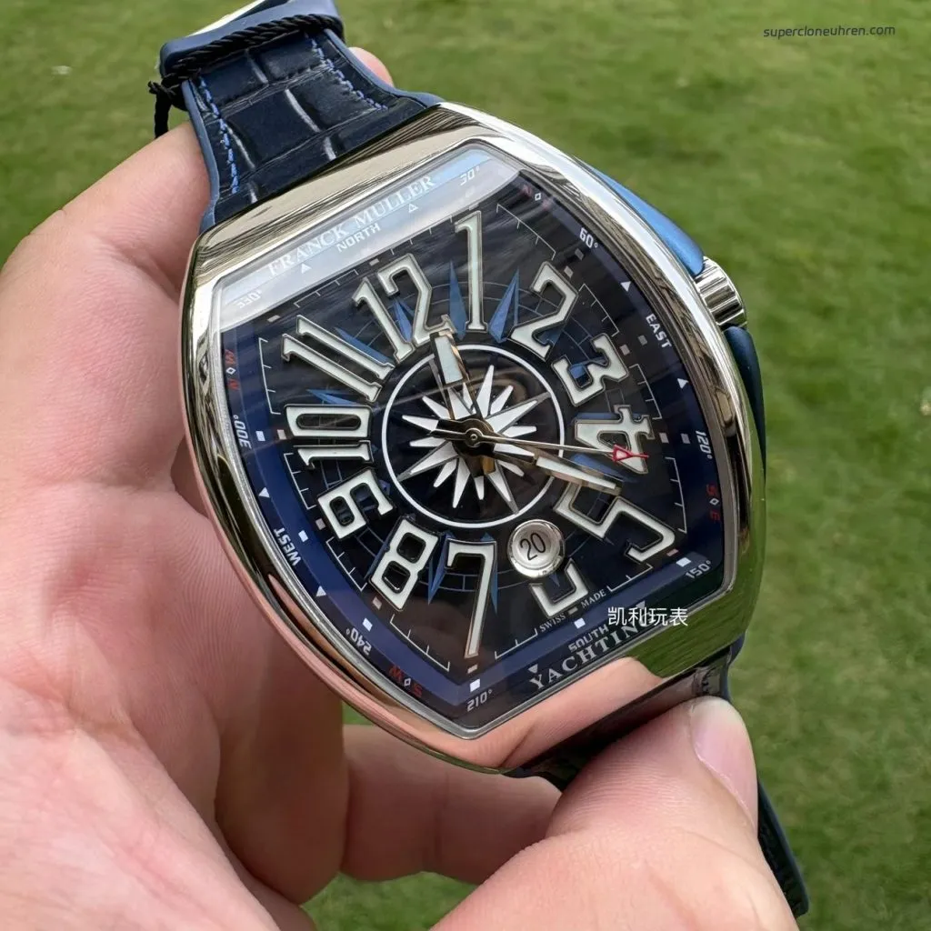 1:1 Super Clone Uhr Franck Muller Vanguard Yachting V 45 SC DT Blaues Zifferblatt 45mm