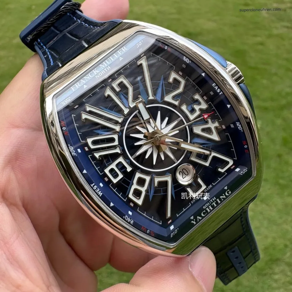 1:1 Super Clone Uhr Franck Muller Vanguard Yachting V 45 SC DT Blaues Zifferblatt 45mm
