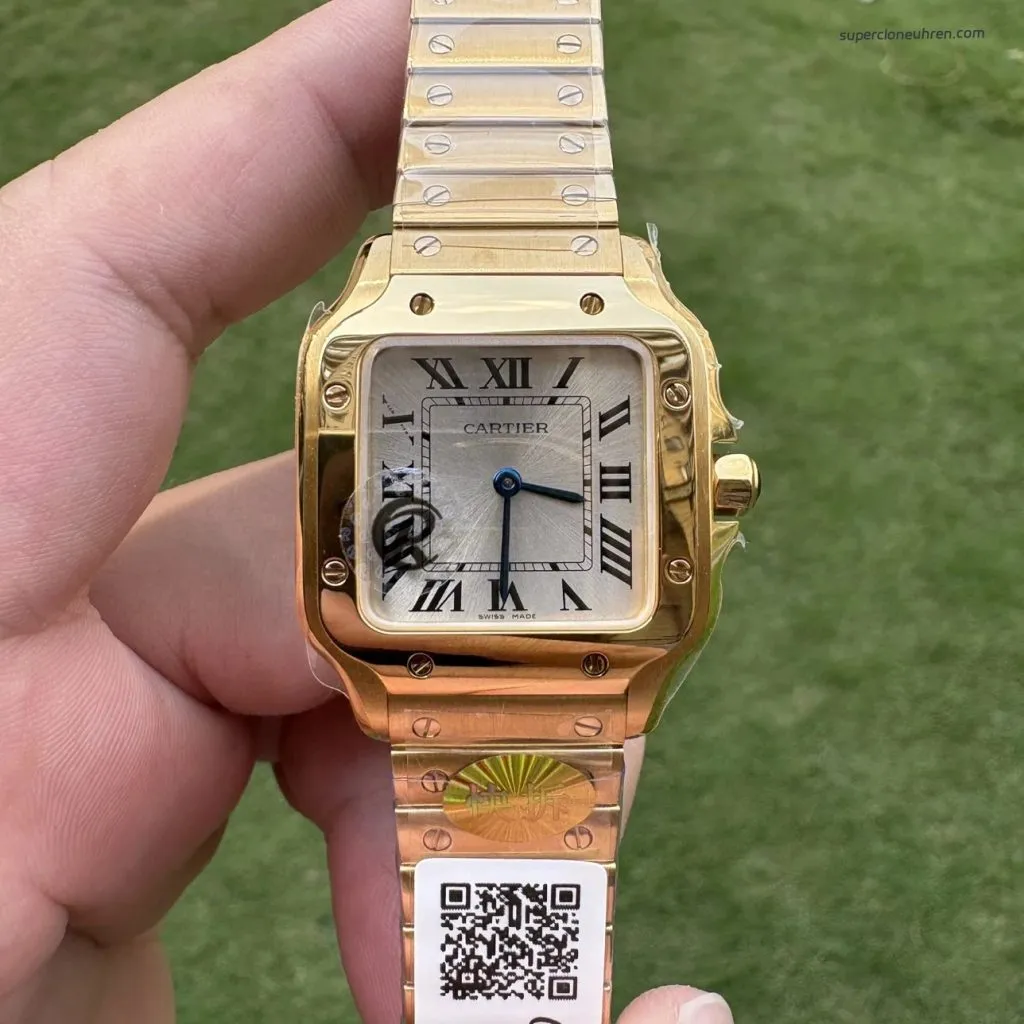 Super Clone Cartier Santos WGSA0107 Gelbgold Blaue Zeiger 27×34,5mm