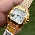 Super Clone Cartier Santos WGSA0107 Gelbgold Blaue Zeiger 27×34,5mm