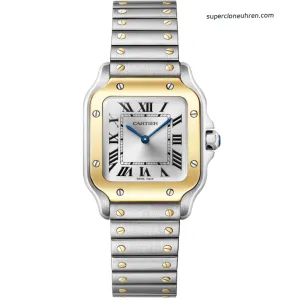 1:1 Super Clone Uhr Cartier Santos W2SA0033 Bicolor Gold mit blauen Zeigern 27×34,5mm